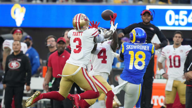 Jan 9, 2022; Inglewood, California, USA; San Francisco 49ers safety Jaquiski Tartt (3) and cornerback Emmanuel Moseley (4) defend a pass intended for Los Angeles Rams wide receiver Ben Skowronek (18) in the second half at SoFi Stadium. Mandatory Credit: Kirby Lee-USA TODAY Sports